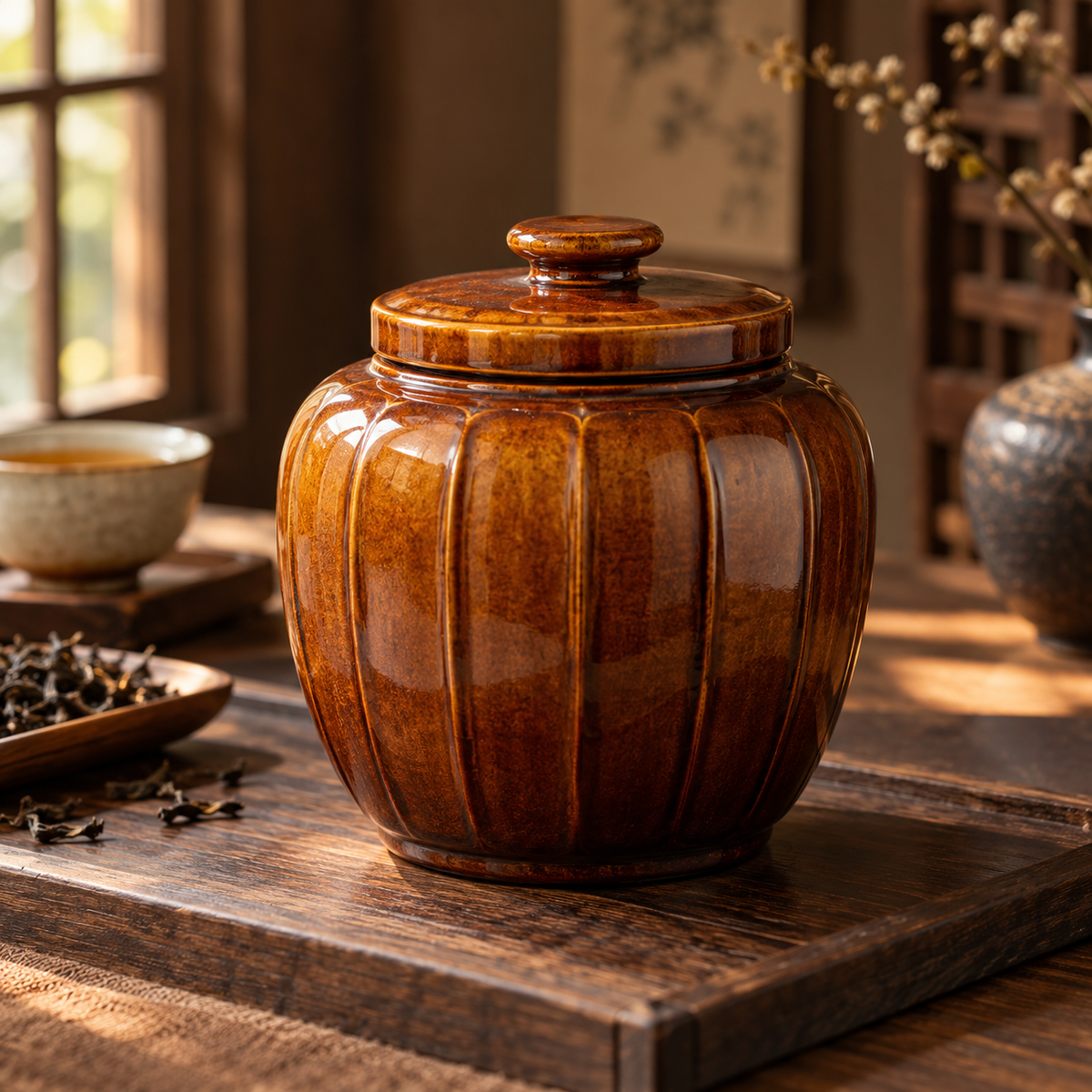 Amber Barrel Tea Jar closed, generated design illustration; props excluded