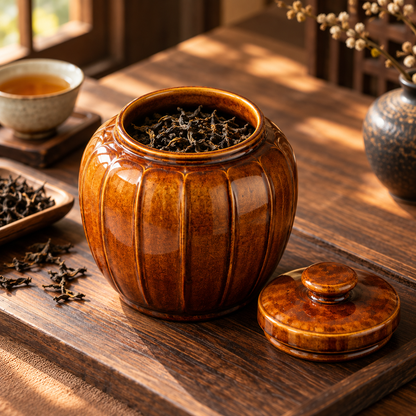 Amber Barrel Tea Jar open with tea, generated design illustration; tea and props excluded