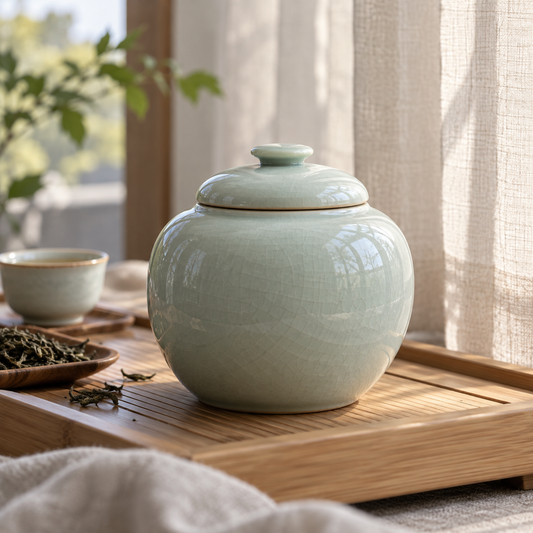 Celadon Round Tea Jar closed, generated design illustration; props excluded