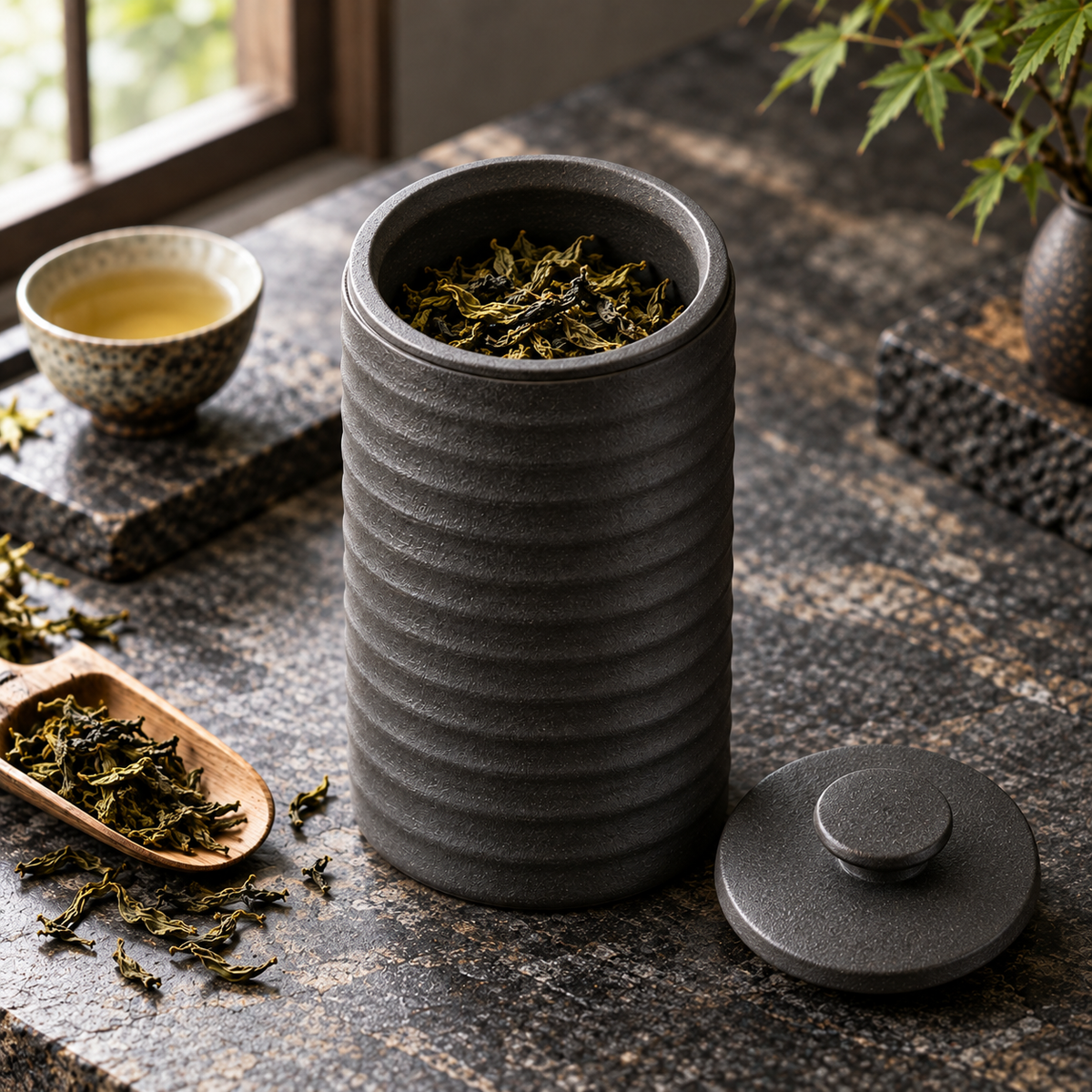 Charcoal Ridge Tea Jar open with tea, generated design illustration; tea and props excluded