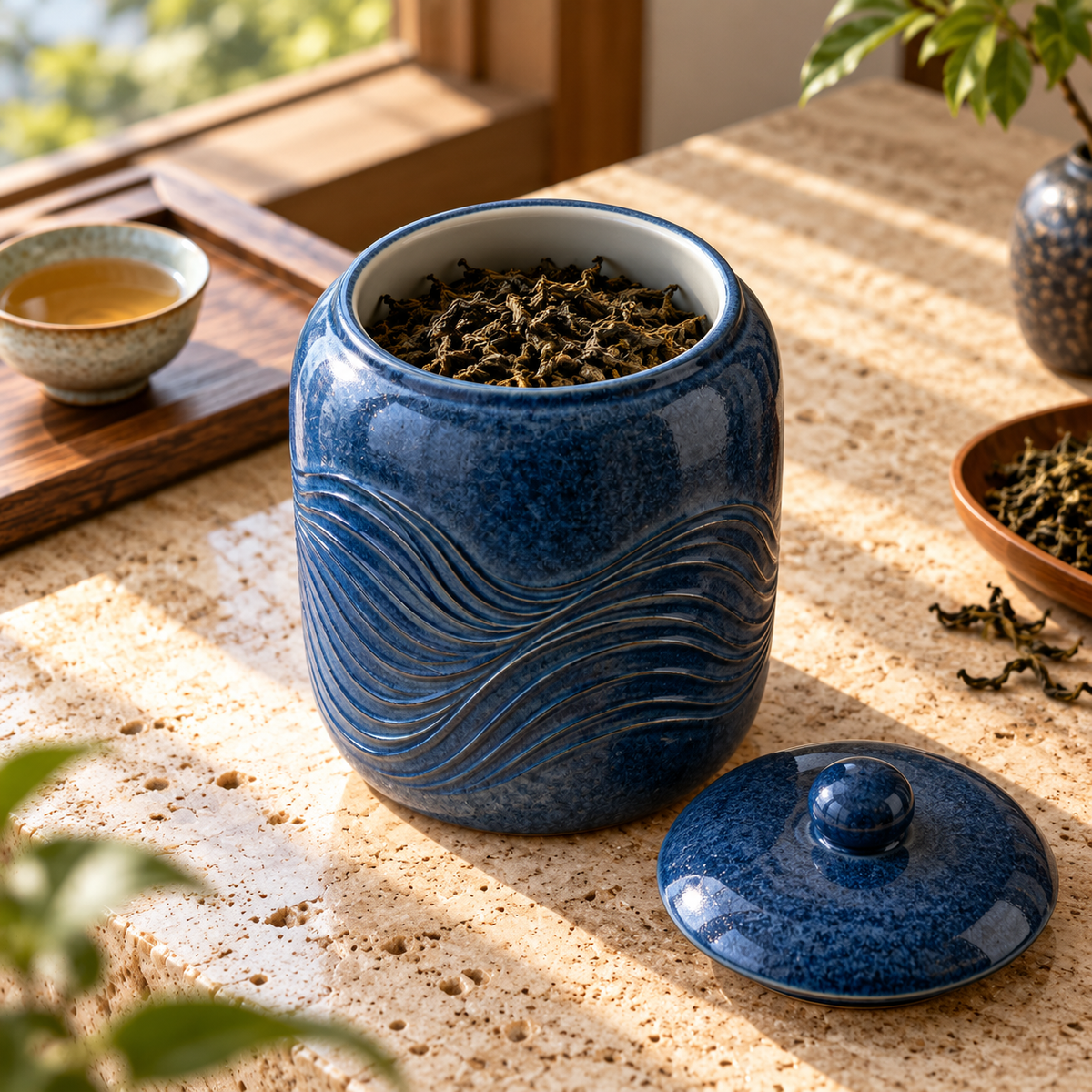 Indigo Wave Tea Jar open with tea, generated design illustration; tea and props excluded