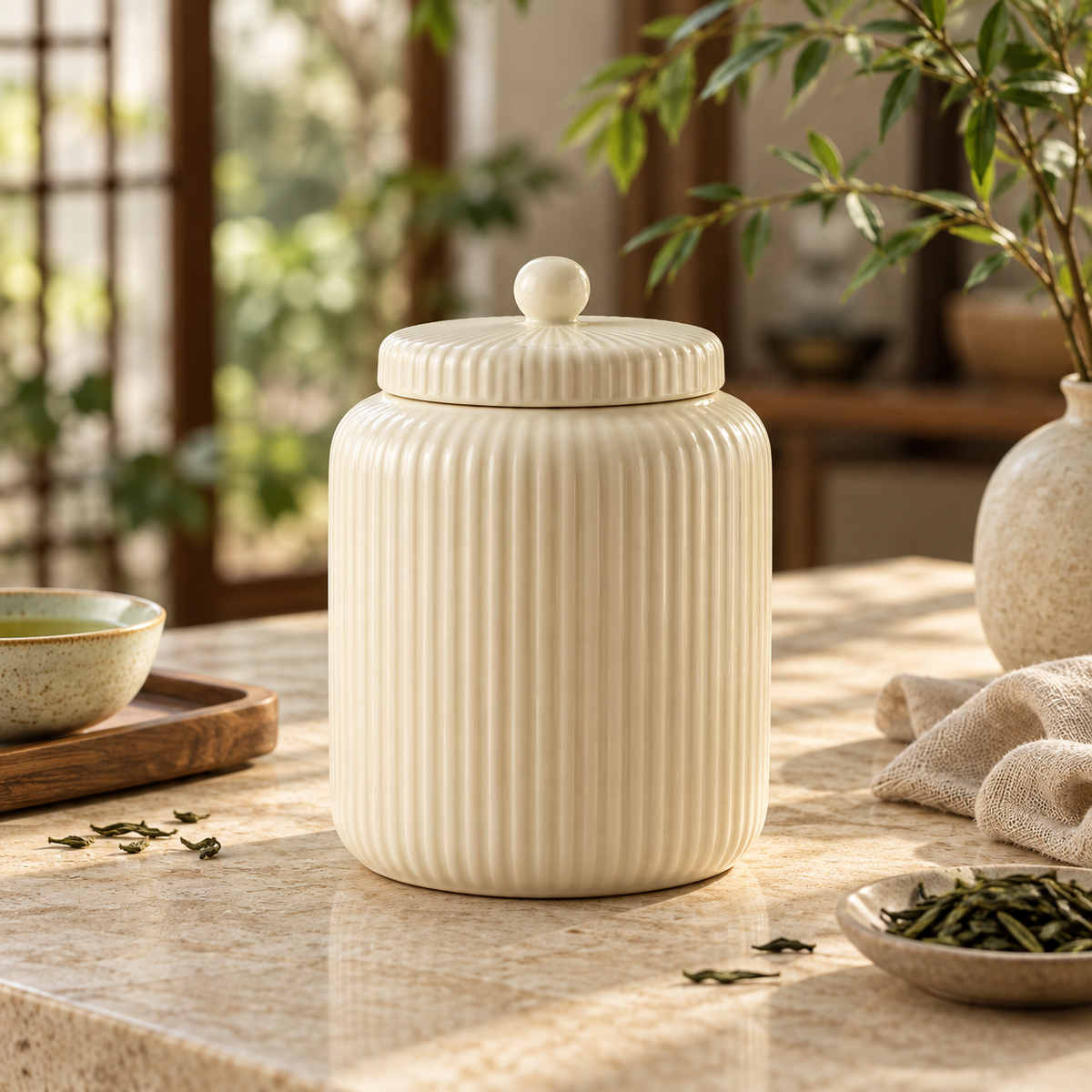 Ivory Fluted Tea Jar closed, generated design illustration; props excluded