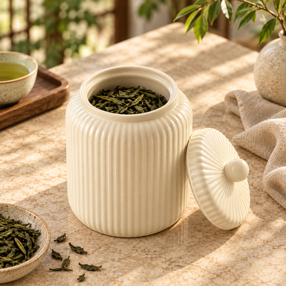 Ivory Fluted Tea Jar open with tea, generated design illustration; tea and props excluded