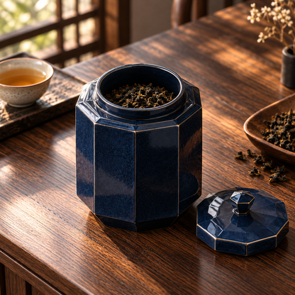 Midnight Faceted Tea Jar open with tea, generated design illustration; tea and props excluded