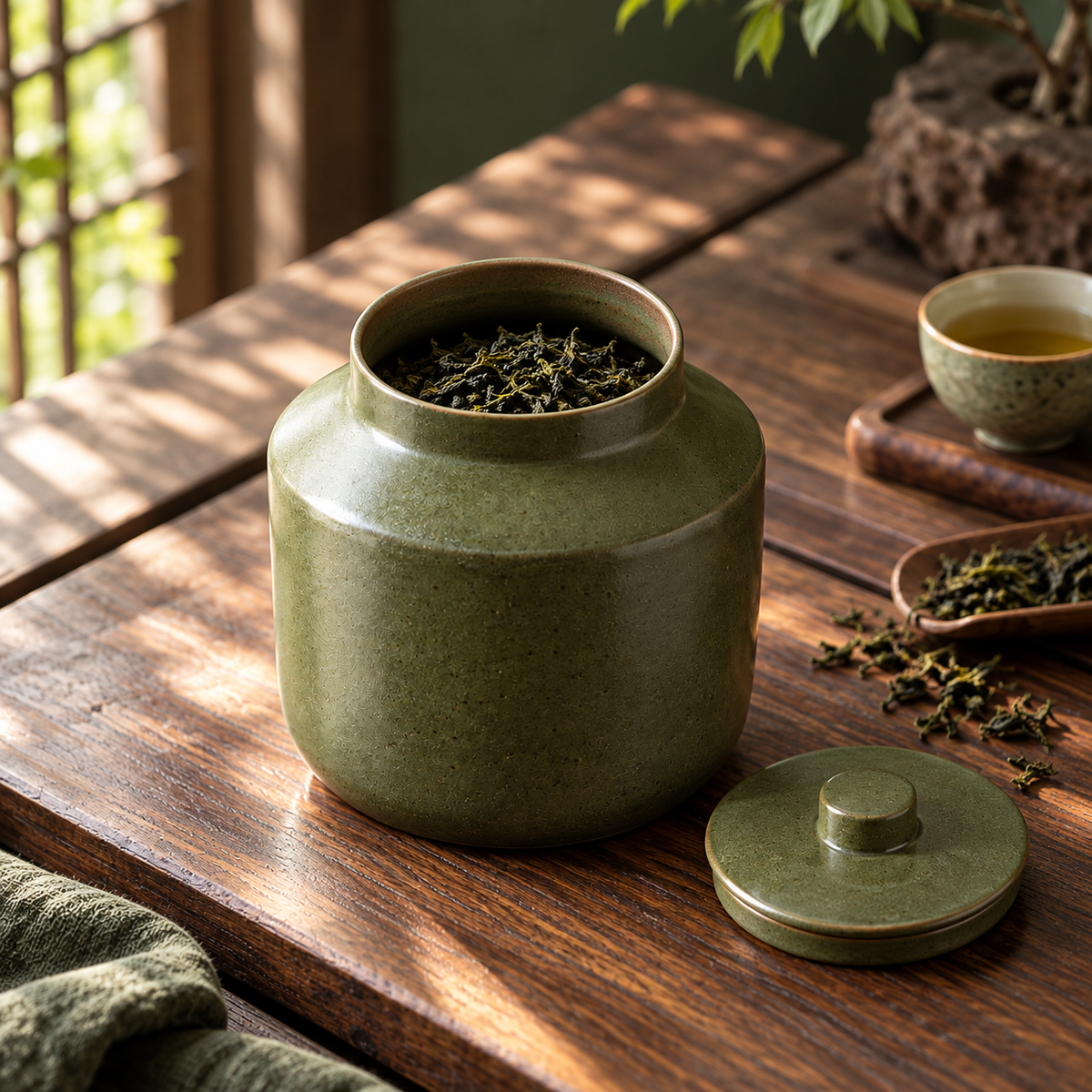 Olive Shoulder Tea Jar open with tea, generated design illustration; tea and props excluded