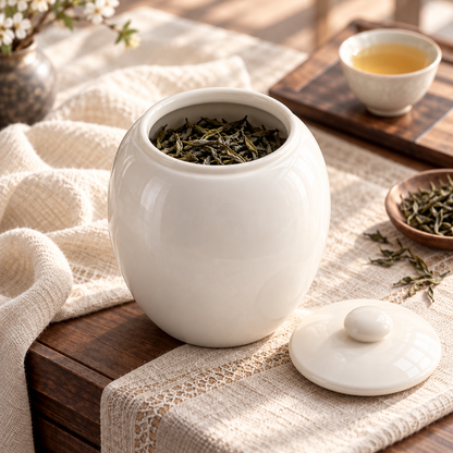 Pearl Oval Tea Jar open with tea, generated design illustration; tea and props excluded