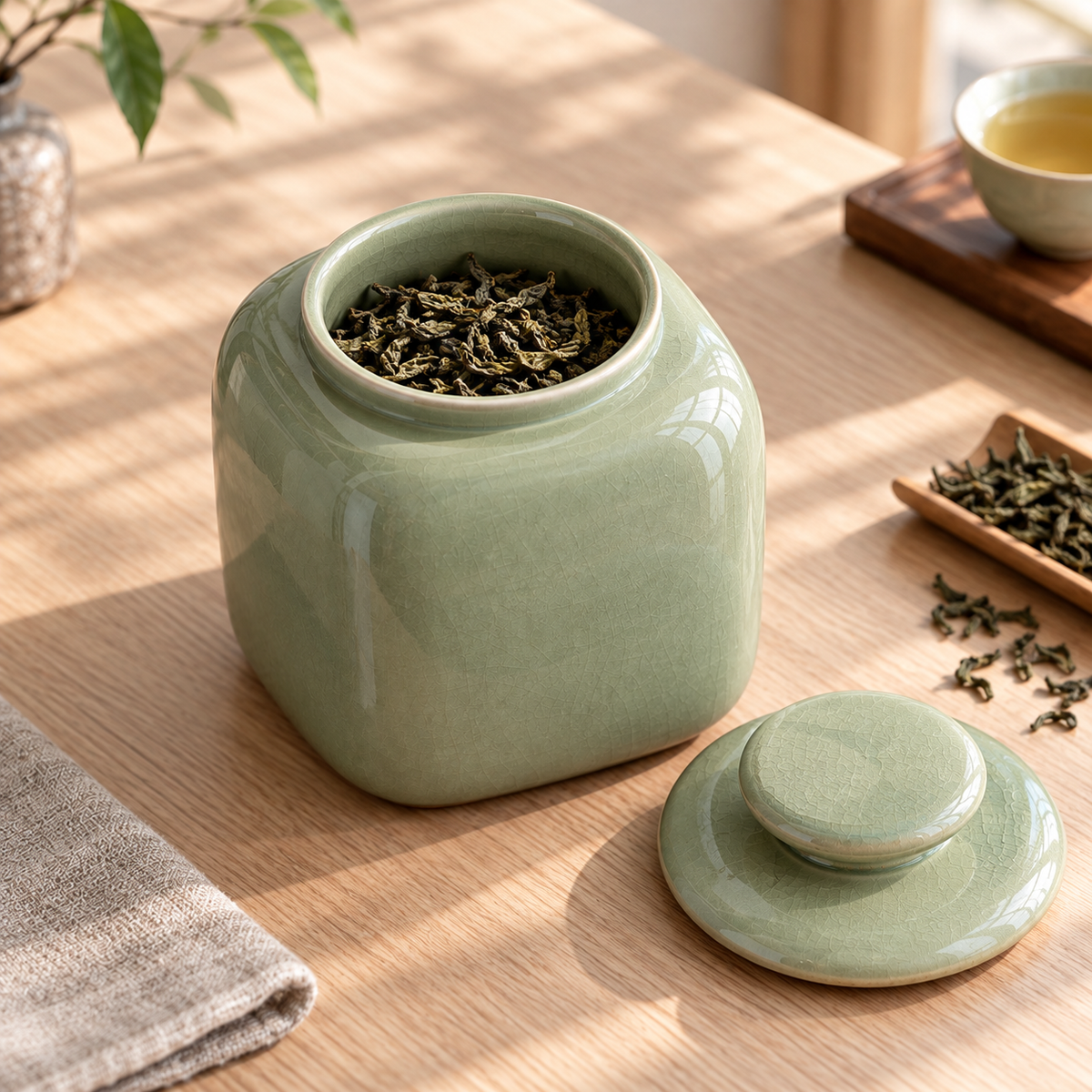Sage Square Tea Jar open with tea, generated design illustration; tea and props excluded