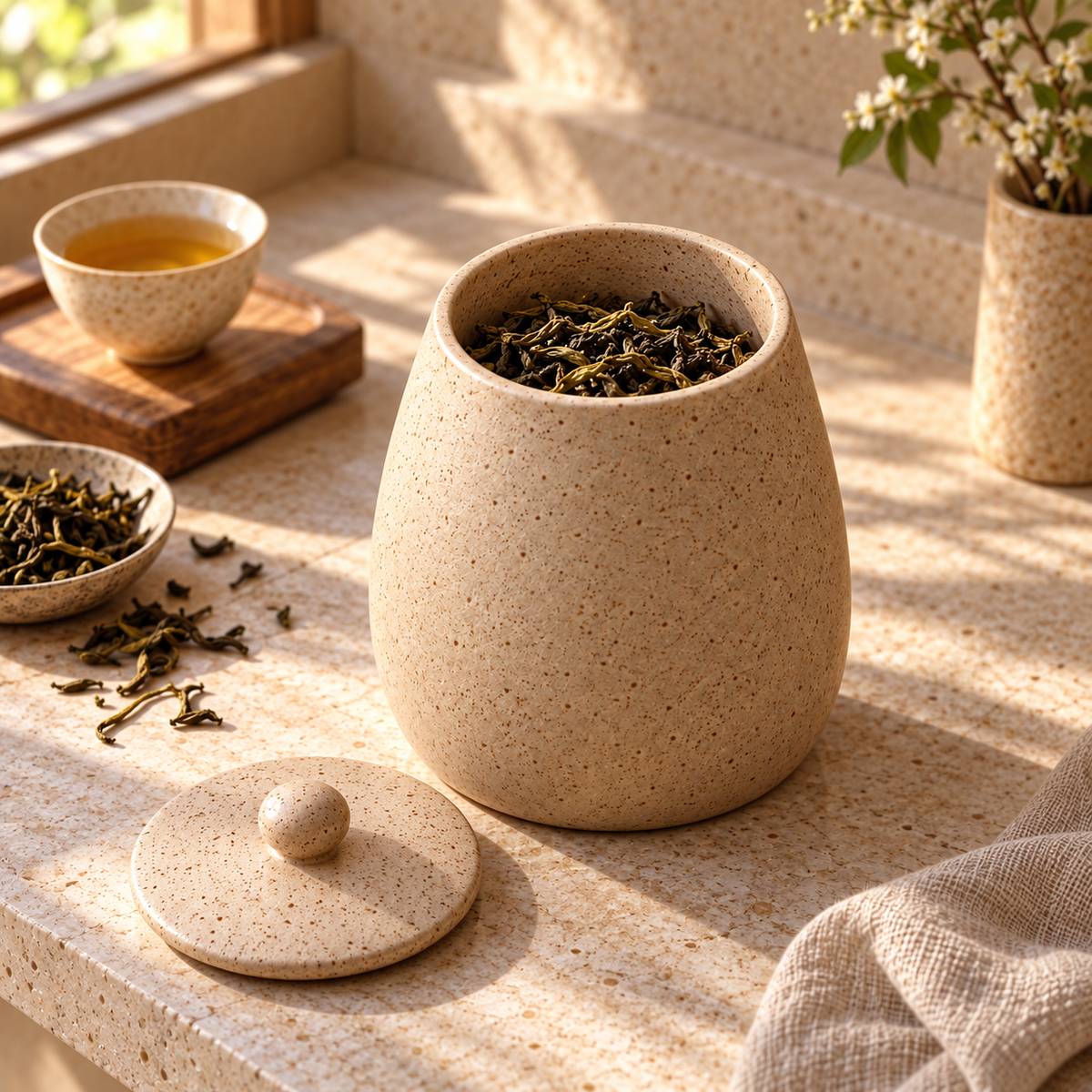 Sand Speckle Tea Jar open with tea, generated design illustration; tea and props excluded